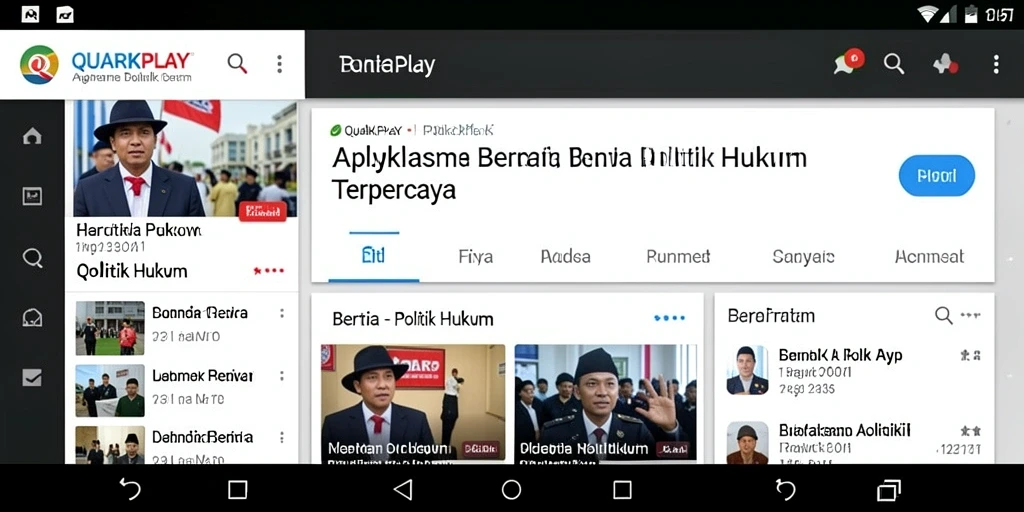 Tampilan antarmuka utama QUARKPLAY menampilkan berita politik dan hukum terkini.